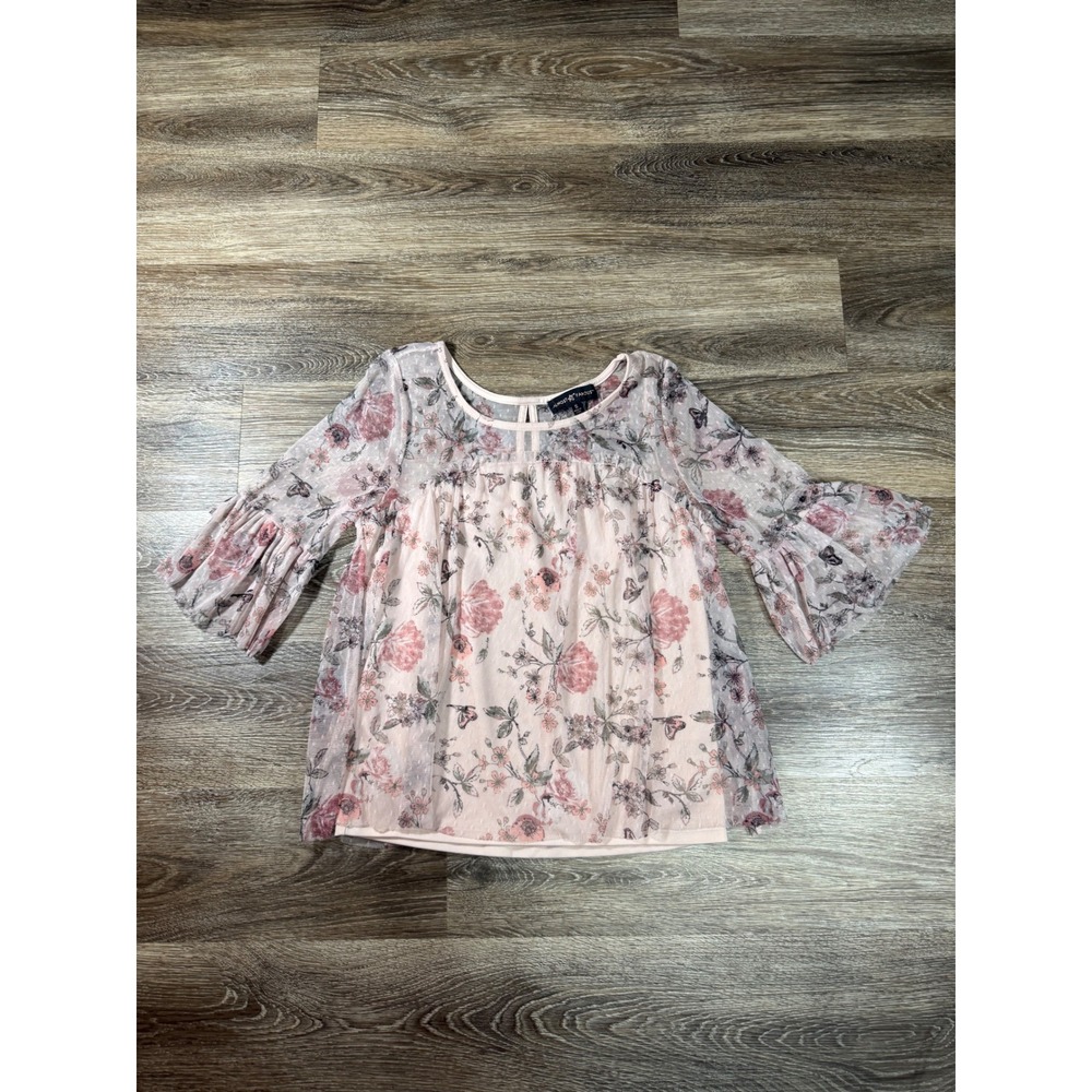 Pink Floral Mesh Bell Sleeve Top Small Point Desprit Butterfly Almost Famous